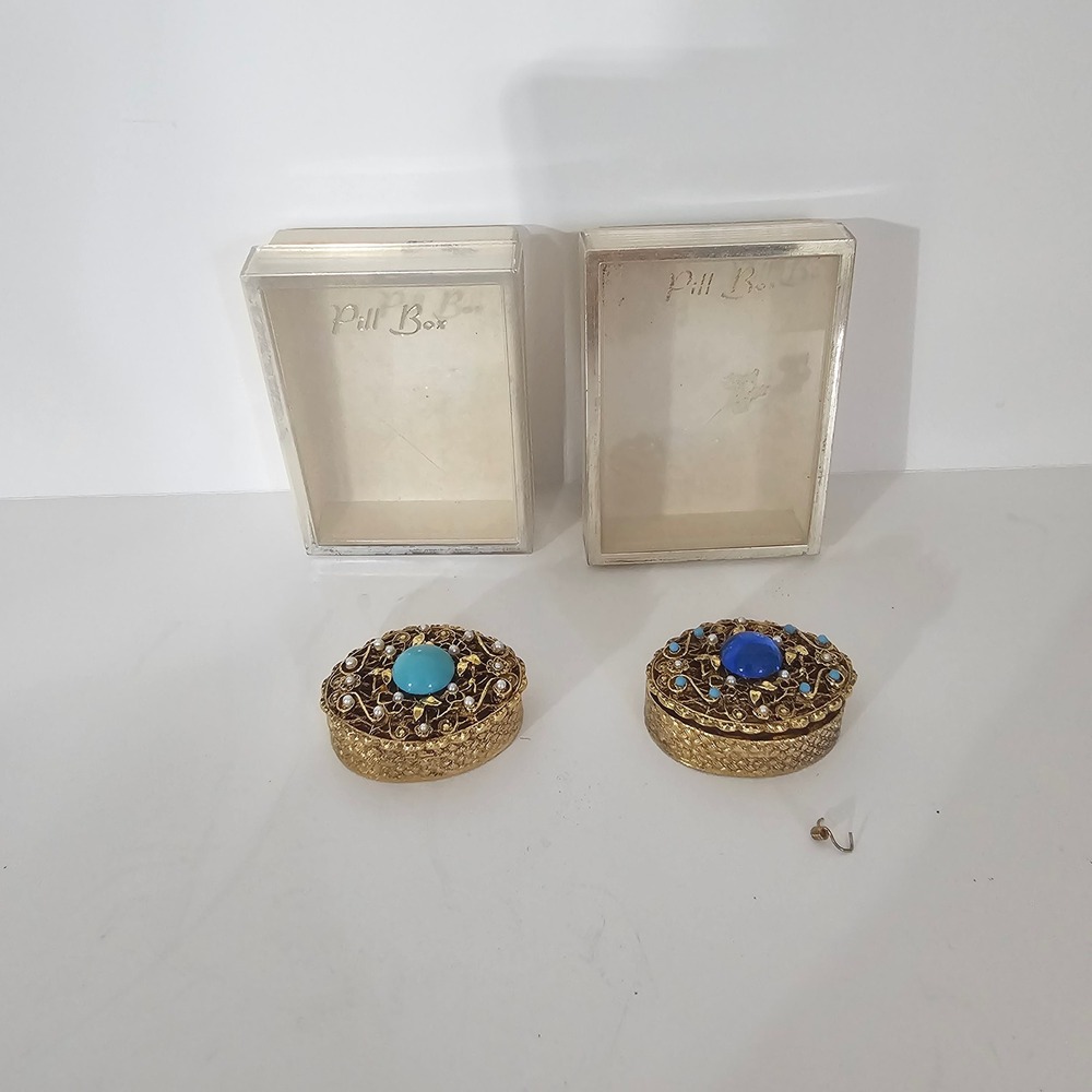Vintage Gold Tone Filigree Pill Box Set Turquoise Blue Cabochon Faux Pearl 2pc